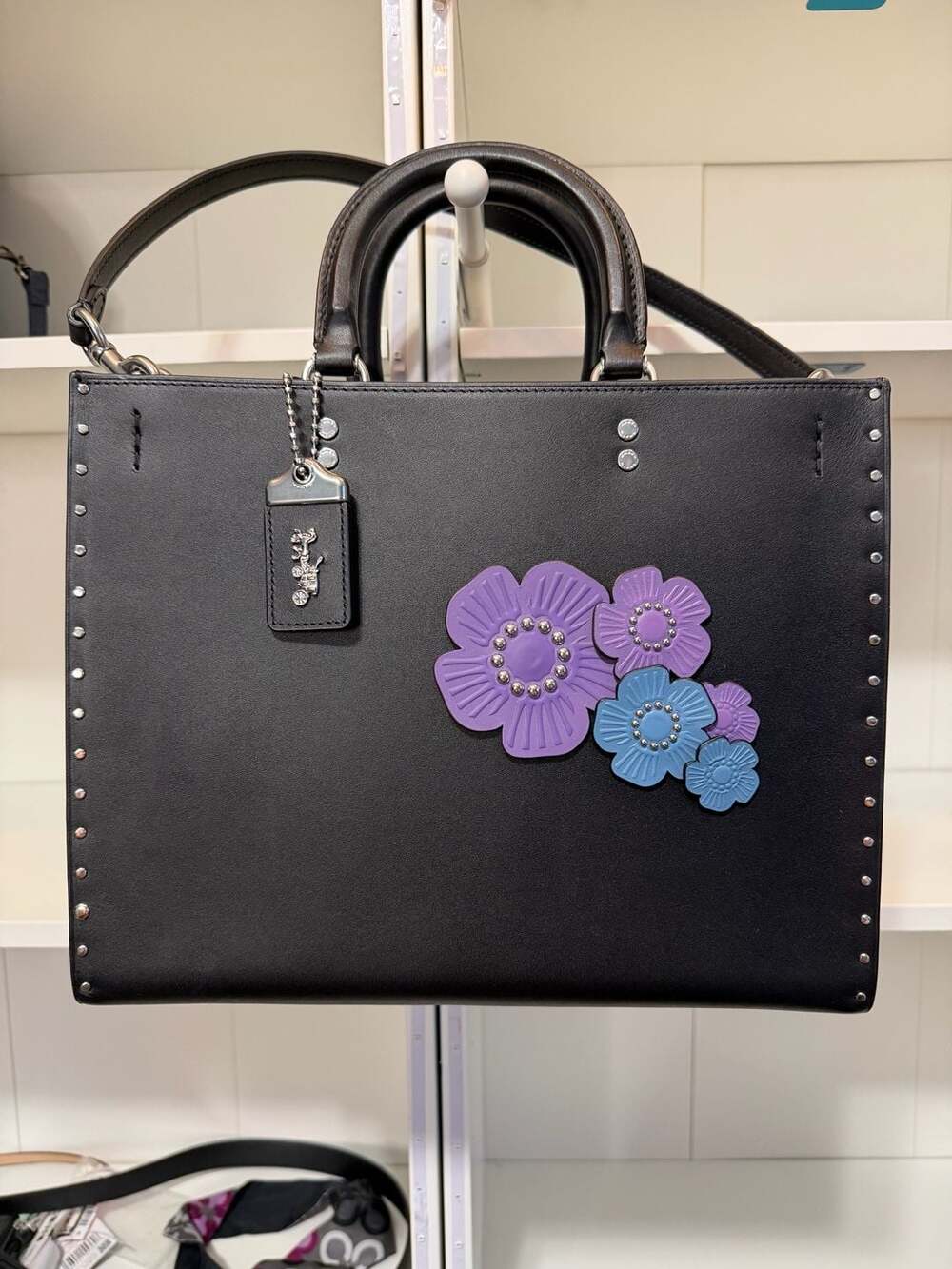 COACH Black Glovetanned Leather Rogue with Floral Applique Tea Roses and Rivets